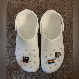 White Crocs w/ pride badges